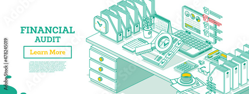 Financial Audit. Isometric Business Concept. Account Tax Report. Laptop with Calendar and Magnifier.