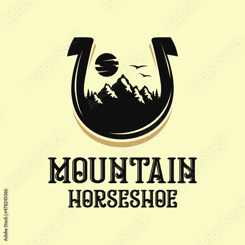 Horseshoe with mountain inside Logo Design Template Inspiration, Vector Illustration.