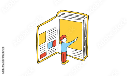 大きい本を開いて興味のある内容を調べる男性のイラスト