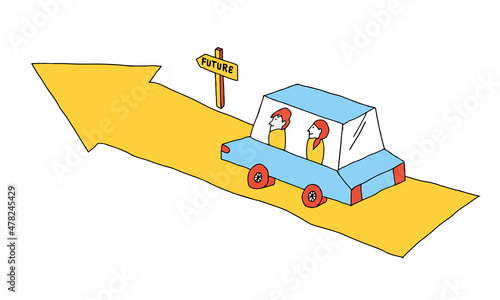 未来へ向かう車に乗り込む二人のイラスト
