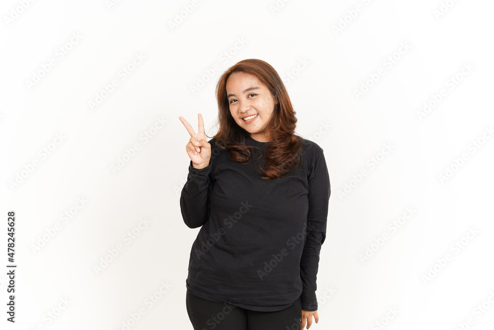 Showing Peace Sign Finger Of Beautiful Asian Woman Wearing Black Shirt Isolated On White Background Showing Peace Sign Finger Of Beautiful Asian Woman Wearing Black Shirt Isolated On White Background