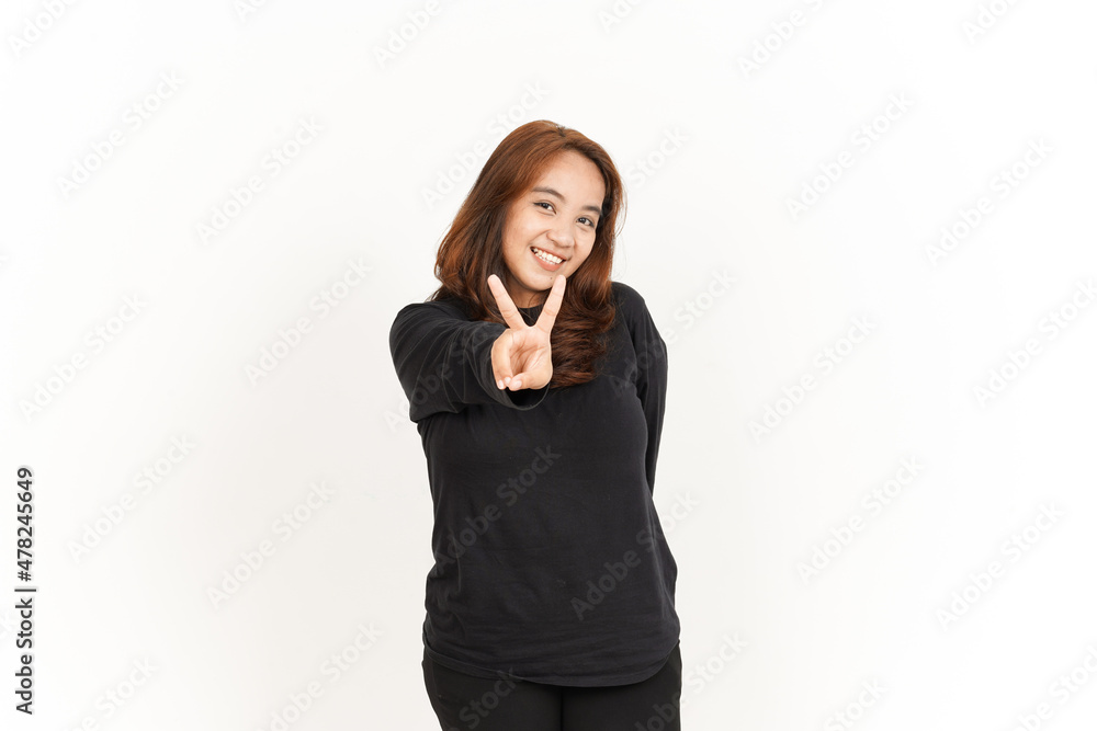 Showing Peace Sign Finger Of Beautiful Asian Woman Wearing Black Shirt Isolated On White Background Showing Peace Sign Finger Of Beautiful Asian Woman Wearing Black Shirt Isolated On White Background