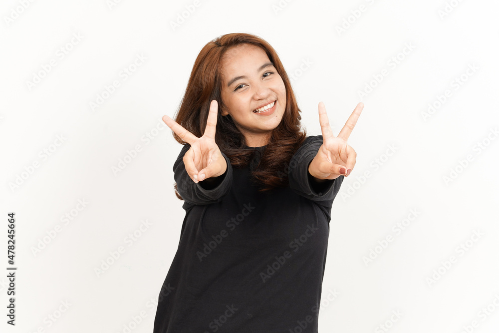Showing Peace Sign Finger Of Beautiful Asian Woman Wearing Black Shirt Isolated On White Background Showing Peace Sign Finger Of Beautiful Asian Woman Wearing Black Shirt Isolated On White Background