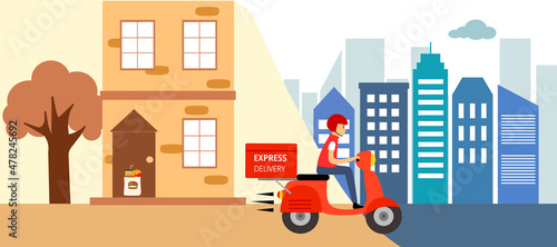 Online food order and food delivery to your door service. Fast food express design for landing page, web, poster, flyer. Ready meal logistic with city skyline background.