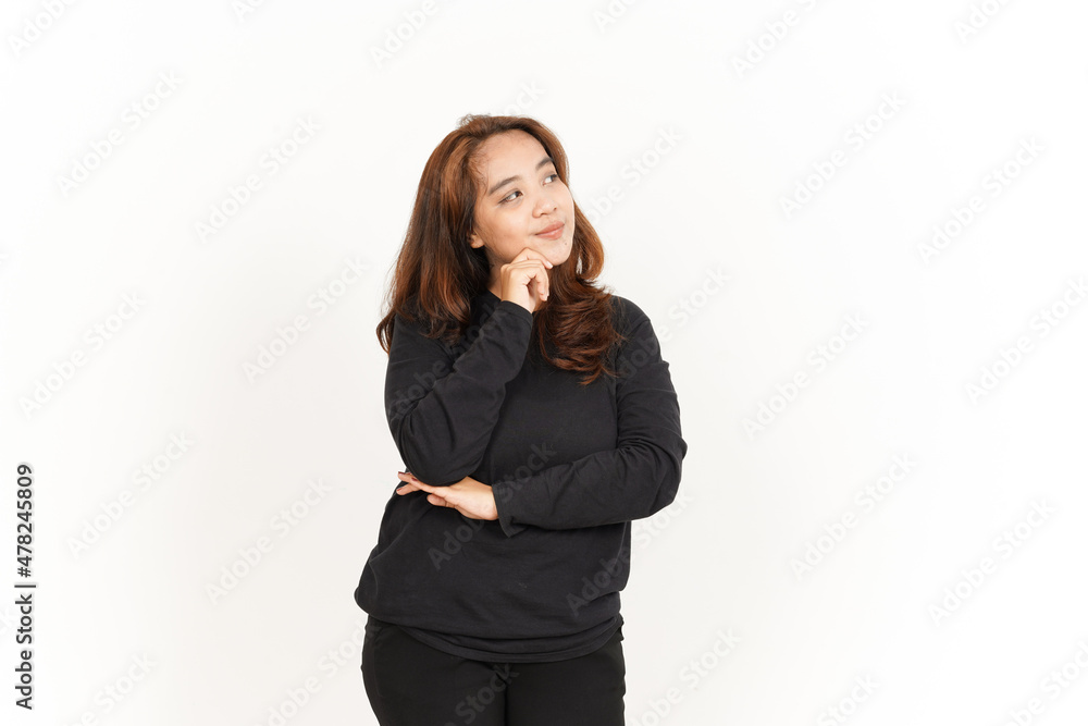 Thinking Gesture Of Beautiful Asian Woman Wearing Black Shirt Isolated On White Background Thinking Gesture Of Beautiful Asian Woman Wearing Black Shirt Isolated On White Background