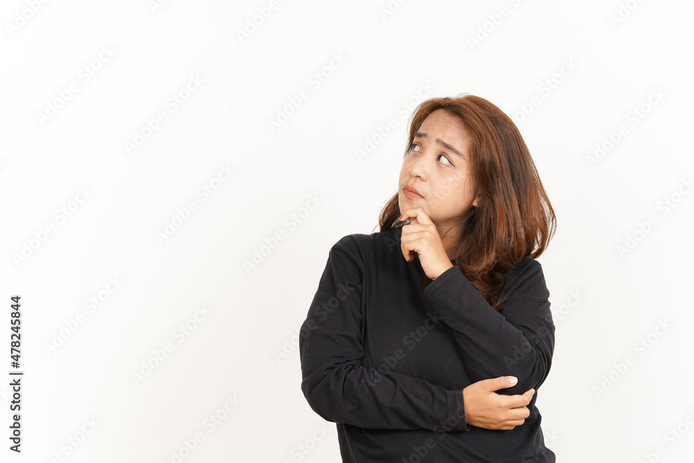 Thinking Gesture Of Beautiful Asian Woman Wearing Black Shirt Isolated On White Background Thinking Gesture Of Beautiful Asian Woman Wearing Black Shirt Isolated On White Background