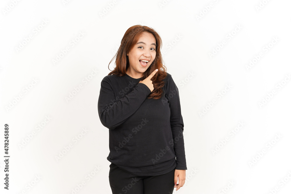 Pointing Aside Of Beautiful Asian Woman Wearing Black Shirt Isolated On White Background Pointing Aside Of Beautiful Asian Woman Wearing Black Shirt Isolated On White Background