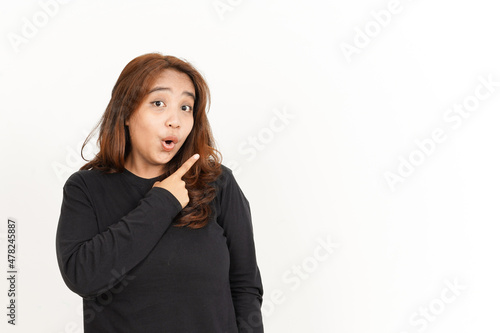 Pointing Aside Of Beautiful Asian Woman Wearing Black Shirt Isolated On White Background