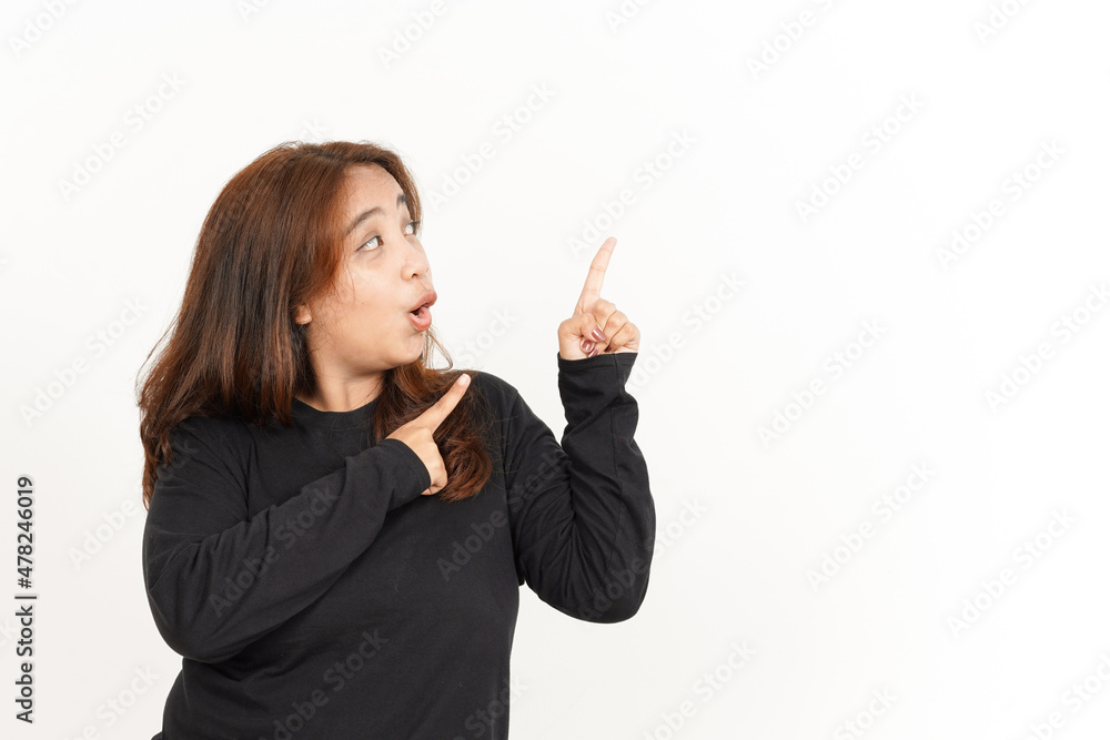 Pointing Aside Of Beautiful Asian Woman Wearing Black Shirt Isolated On White Background Pointing Aside Of Beautiful Asian Woman Wearing Black Shirt Isolated On White Background