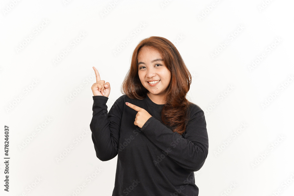 Pointing Aside Of Beautiful Asian Woman Wearing Black Shirt Isolated On White Background Pointing Aside Of Beautiful Asian Woman Wearing Black Shirt Isolated On White Background