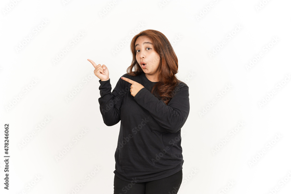 Pointing Aside Of Beautiful Asian Woman Wearing Black Shirt Isolated On White Background Pointing Aside Of Beautiful Asian Woman Wearing Black Shirt Isolated On White Background