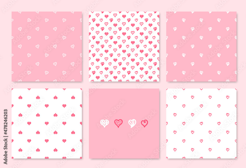 Heart Seamless Pink Backgrounds for Valentines Day. Vector Set of Seamless Patterns with Hearts.