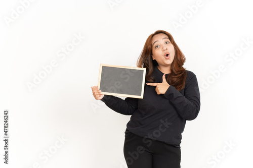 Showing, Presenting and holding Blank Blackboard Of Beautiful Asian Woman Wearing Black Shirt