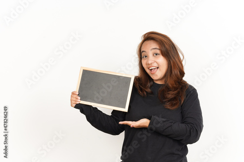 Showing, Presenting and holding Blank Blackboard Of Beautiful Asian Woman Wearing Black Shirt