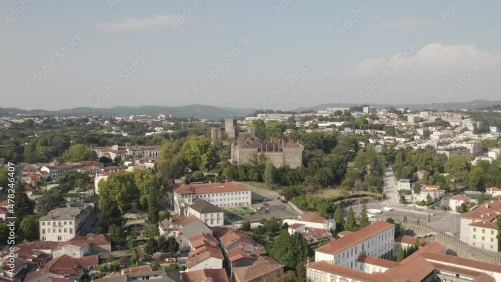 Medieval Palace of the Dukes of Braganza in Guimaraes; long drone shot Medieval Palace of the Dukes of Braganza in Guimaraes; long drone shot