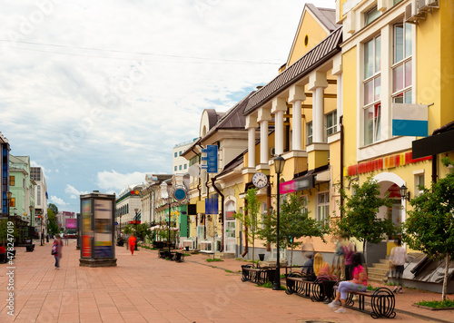 View of Tryokhsvyatskaya Street, landscaped pedestrian area located in historical center of Russian city of Tver .