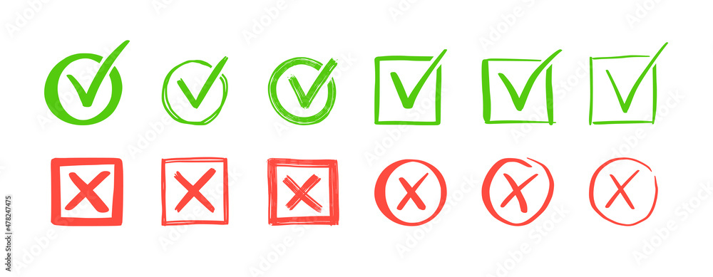 Premium Vector  Green check and red cross mark set. hand drawn doodle  sketch style. vote, yes, no drawn concept. checkbox, cross mark with  square, circle element. vector illustration.