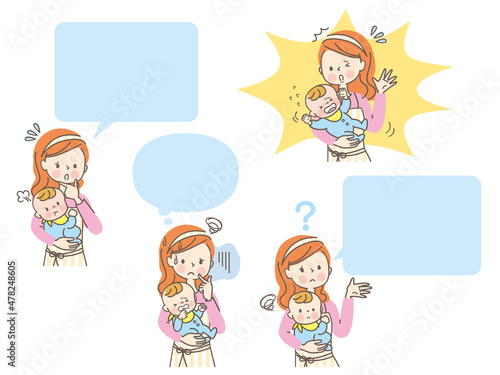 不機嫌な赤ちゃんと困っているママ