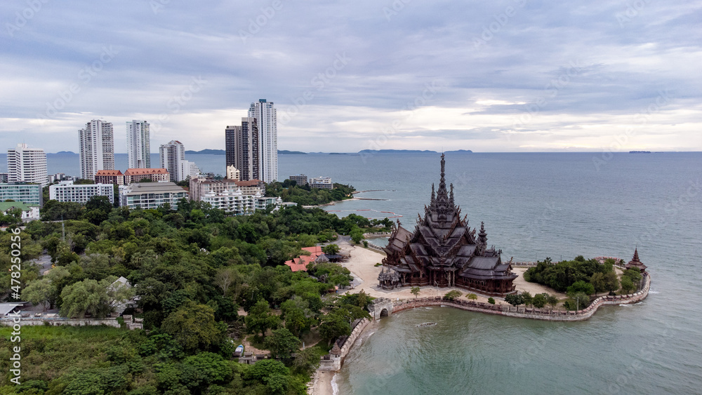 Sanctuary of Truth museum from Aerial view. Sanctuary of Truth is a gigantic all wood construction located at the Rachvate Naklua Pattaya Thailand. Buddhist temple. Religious building in Pattaya. Sanctuary of Truth museum from Aerial view. Sanctuary of Truth is a gigantic all wood construction located at the Rachvate Naklua Pattaya Thailand. Buddhist temple. Religious building in Pattaya.