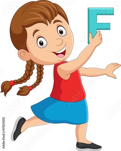 Cute little girl cartoon holding alphabet letter F