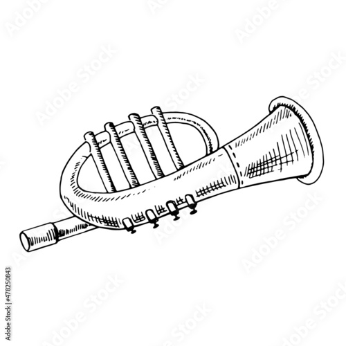 A hand-drawn ink sketch of a vintage musical trumpet. Musical trumpet toy. Outline on a white background, vintage vector illustration.