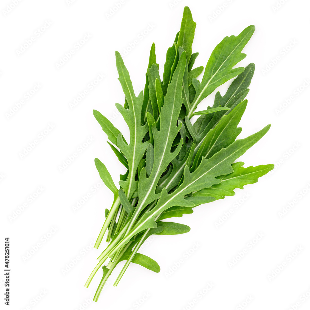 Fototapeta premium Arugula leaves isolated on white background. Closeup fresh wild rocket leaves on white background top view.