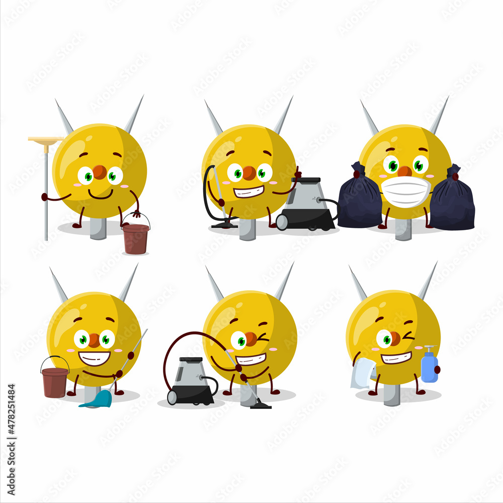 Fototapeta premium Cleaning service term stationery cute cartoon character using mop