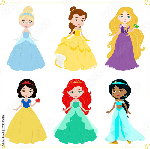 Set with princesses in dresses, children's illustration, vector