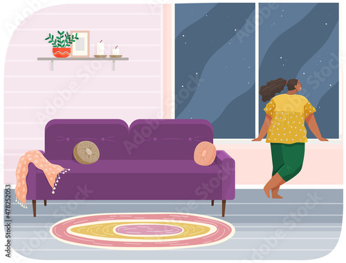 Girl standing next to windowsill and looking at moon outside window. Female character spends time at home at night. Child in children s room looks at sky. Stylish interior of room for kids