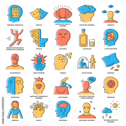 Mental disorders icon set in colored line style