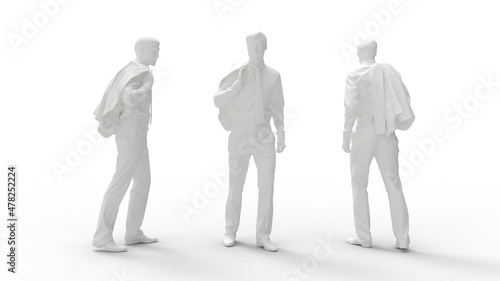 3D rendering of a casual business man front side and back view. Computer render model isolated silhouette.