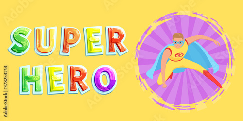 Strong super man smiles and flies to save world stretched out his hand. Brave character in superhero costume with cloak on white background. Cartoon person hurries to protects people from villains