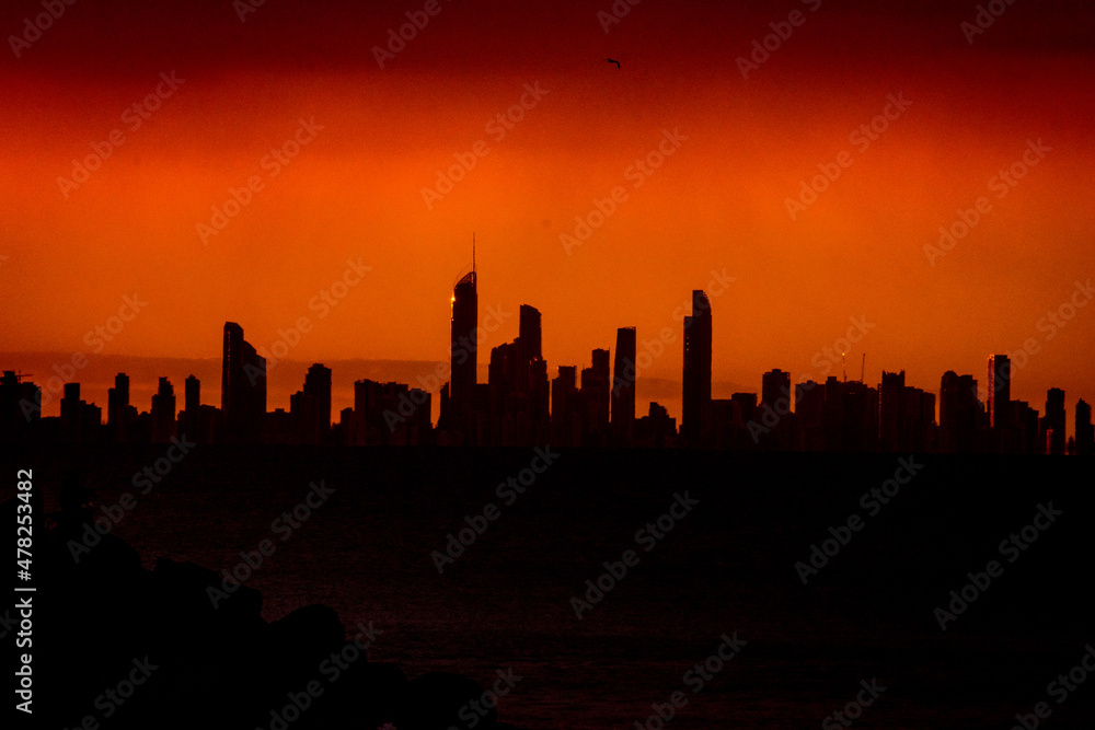 Silhouette of Surfers Paradise against a stormy sunset