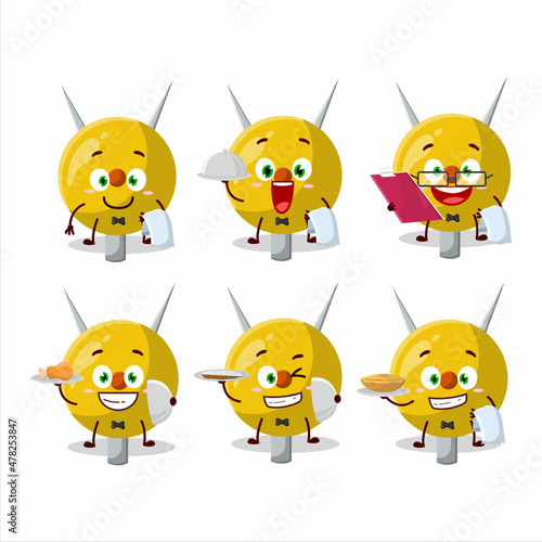 happy term stationery waiter cartoon character holding a plate