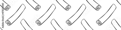 Vector seamless pattern of contour cinnamon stick in doodle style. Background or texture with seasoning, spice, ingredient for baking, hot drinks, aromatherapy, cooking