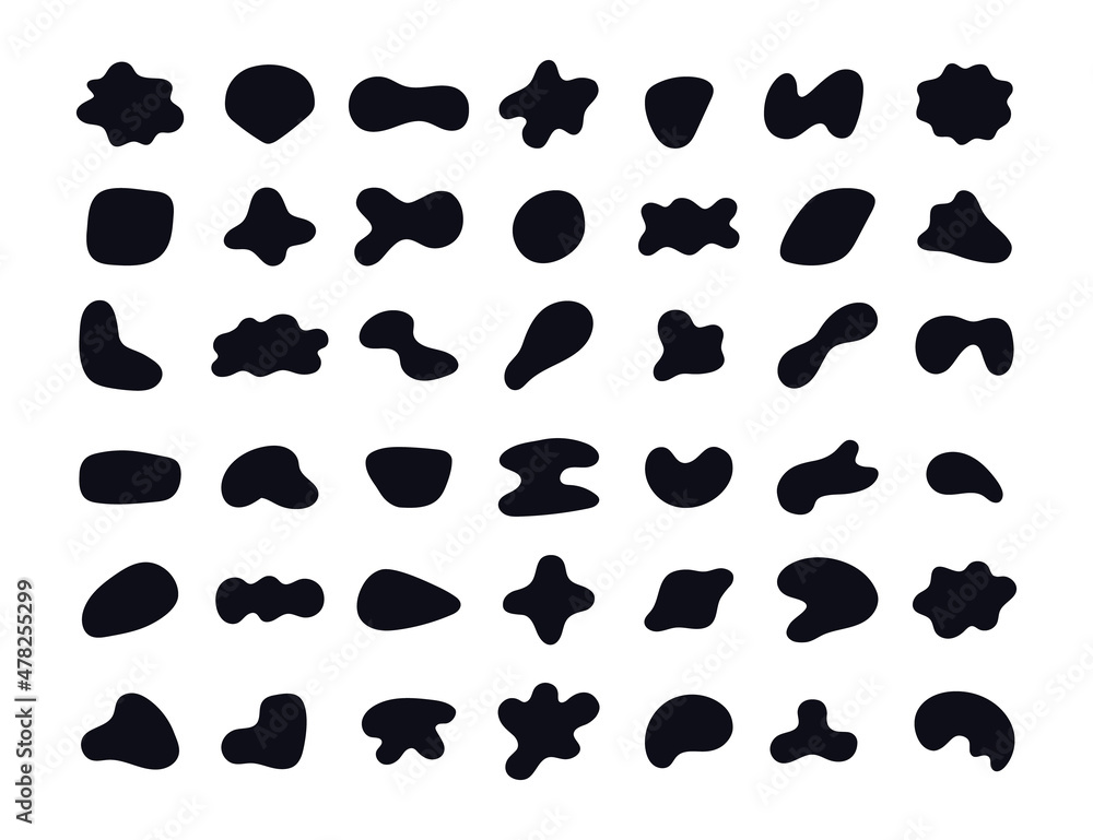 Fototapeta premium Random black abstract shapes. Set of organic blobs of irregular shape. Simple blotch, inkblot. Vector illustration isolated on white backgound.