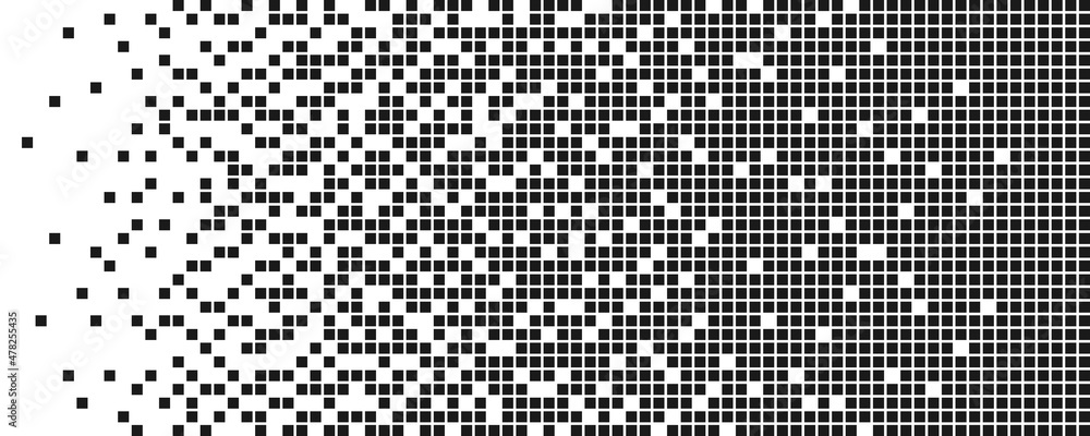 Pixel disintegration background. Decay effect. Dispersed dotted pattern. Concept of disintegration. Abstract pixel mosaic texture with simple square particles. Vector illustration on white background. Pixel disintegration background. Decay effect. Dispersed dotted pattern. Concept of disintegration. Abstract pixel mosaic texture with simple square particles. Vector illustration on white background.