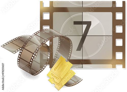 Movie time banner with cinema movie and photography 35 mm shining film strip template in vintage style. Cinema strip isolated icon with recorded film on tape, cinematography retro photo roll