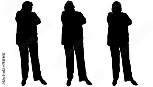 A female silhouette with a leg extended forward, arms folded one above the other. Front view, semi sideways. Female black silhouettes, isolated on a white background, stand near each other in one line