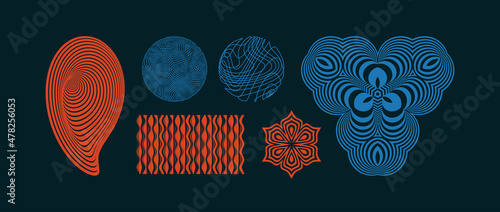 Striped abstraction. Abstract geometric pattern with wavy lines. Sphere with twist lines. Circle with many chaotic dots. Flower sign. Optical illusion of volume. 3d vector illustration.