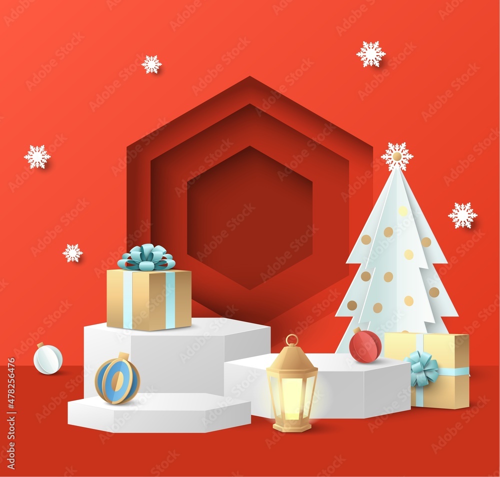 Display podium mockup set, gift boxes. Red paper cut Christmas studio for gift, cosmetic product advertising, vector. Display podium mockup set, gift boxes. Red paper cut Christmas studio for gift, cosmetic product advertising, vector.