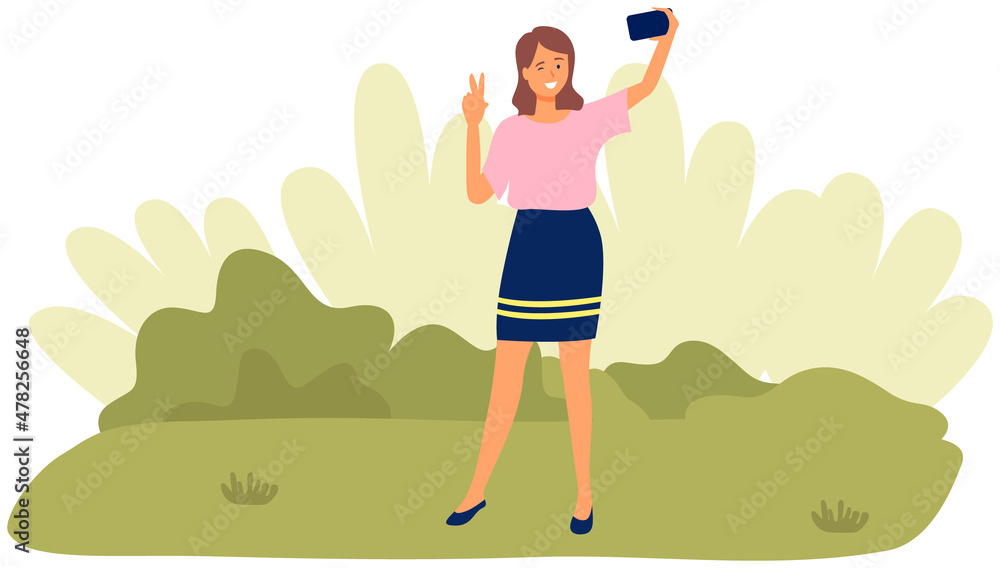 Girl is walking outdoor and taking selfie on background of park. Woman is photographed on phone camera. Lady with smartphone is posing for self portrait. Female character making selfie photo Girl is walking outdoor and taking selfie on background of park. Woman is photographed on phone camera. Lady with smartphone is posing for self portrait. Female character making selfie photo