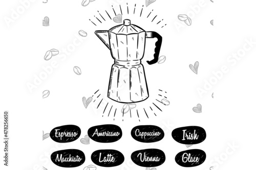 moka pot illustration with coffee menu on white background