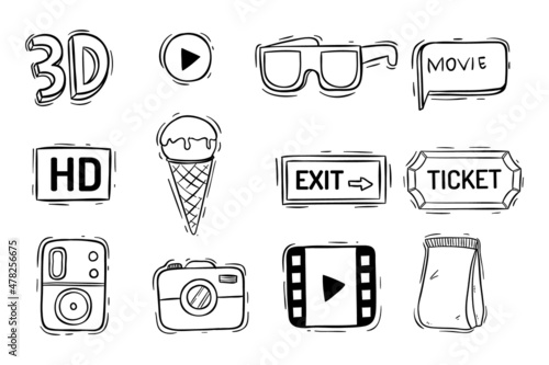 collection movie theater or cinema icons with hand drawn style