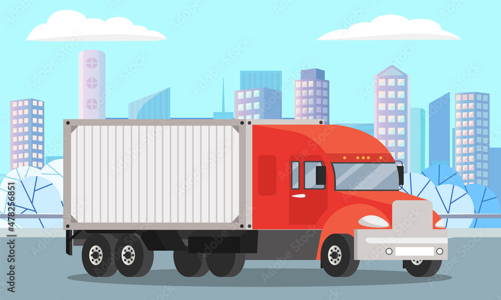 Delivery truck rides on road against background of tall buildings. Wagon with trailer for transporting goods worldwide. Vehicle for transportation and shipping. Delivery of parcels by transport