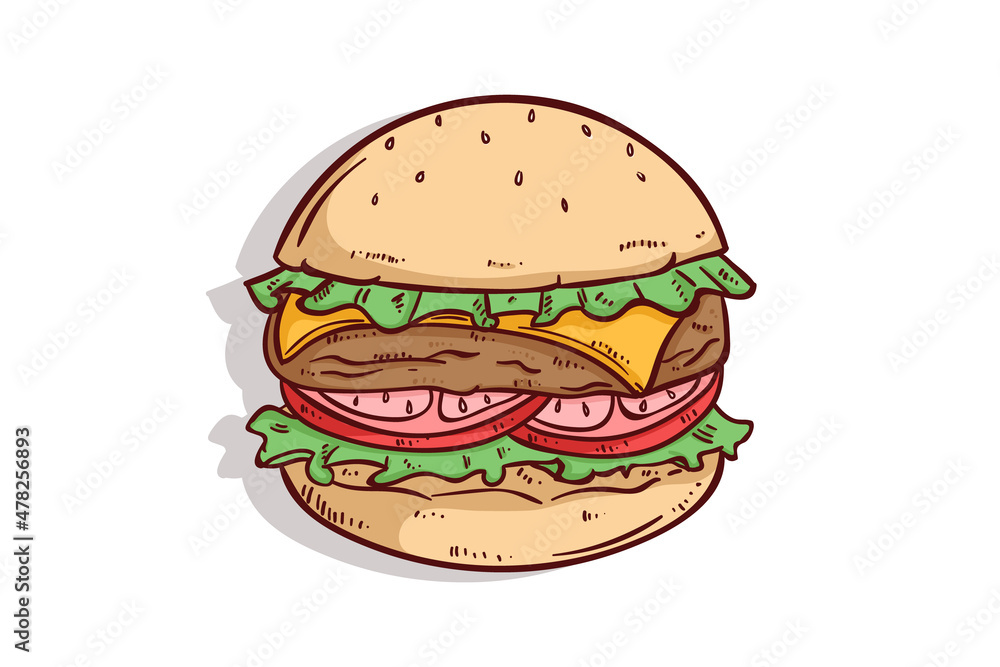 tasty burger or hamburger with hand drawn style