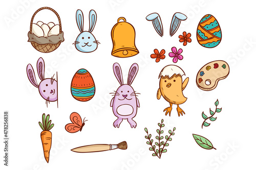 easter icons collection with colored doodle style
