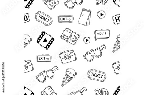 seamless pattern cinema or movie theater doodle icons