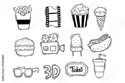 set of cinema or movie theater doodle icons