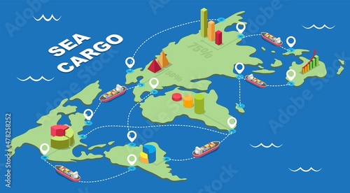 Sea cargo vector isometric infographic. Global marine logistics network. Ocean freight shipping. Maritime industry.